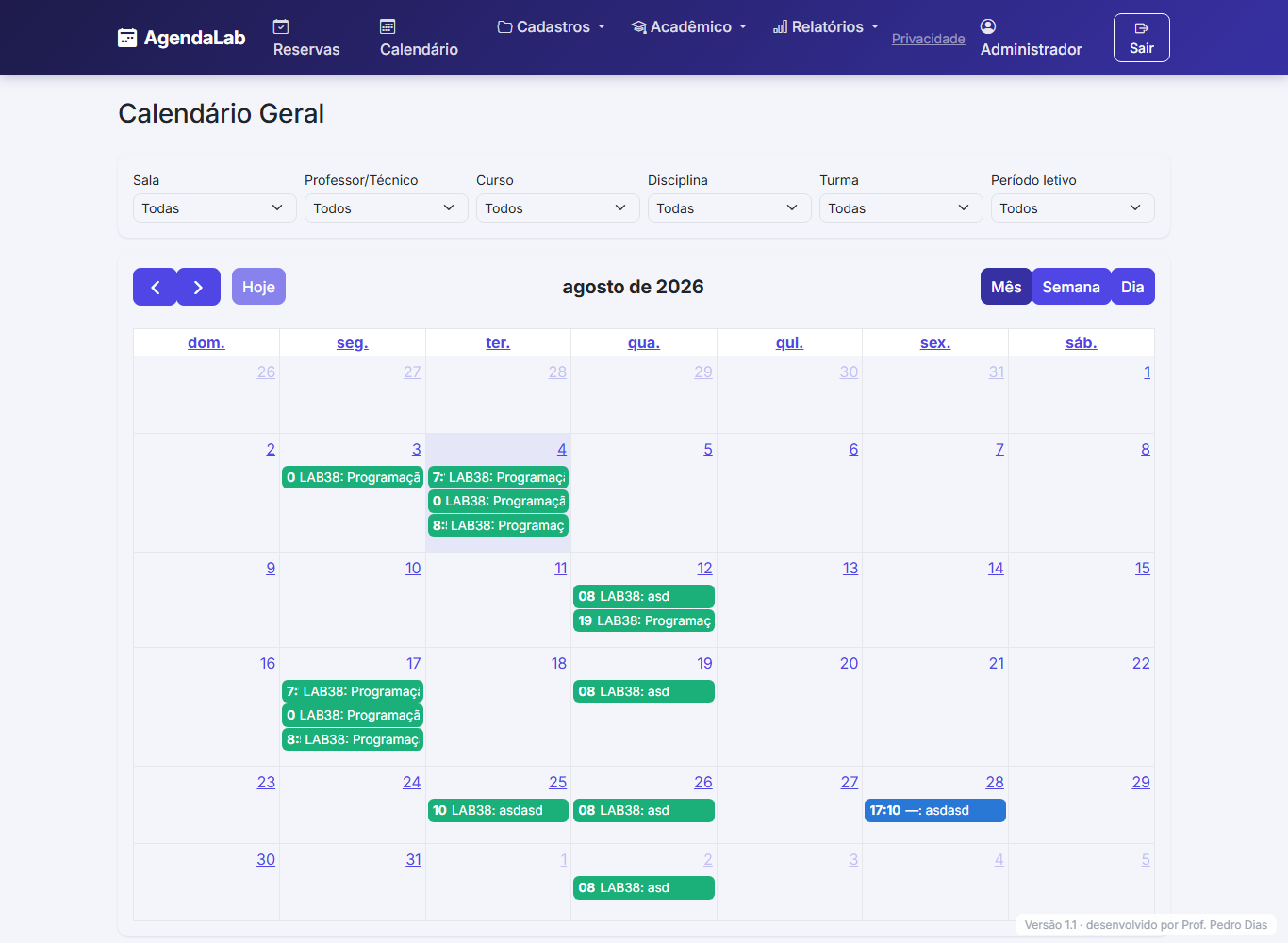 Tela Calendário Geral, com filtros